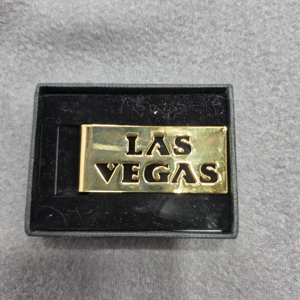 Las Vegas Souvenir Money Clip Gold Tone Cutout Text Metal Bill Holder